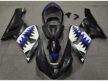 2005-2006 Matte Black and Blue Shark Kawasaki ZX6R Fairings for Sale