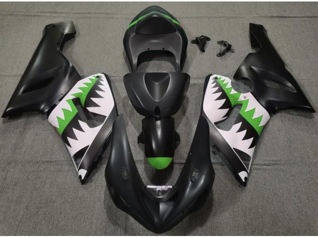 2005-2006 Matte Black and Green Shark Kawasaki ZX6R Fairings for Sale 2005-2006 Matte Black and Green Shark Kawasaki ZX6R Fairings for Sale