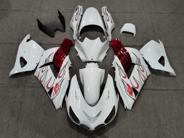 2006-2011 White Red Flame Kawasaki ZX14R Fairings for Sale 2006-2011 White Red Flame Kawasaki ZX14R Fairings for Sale
