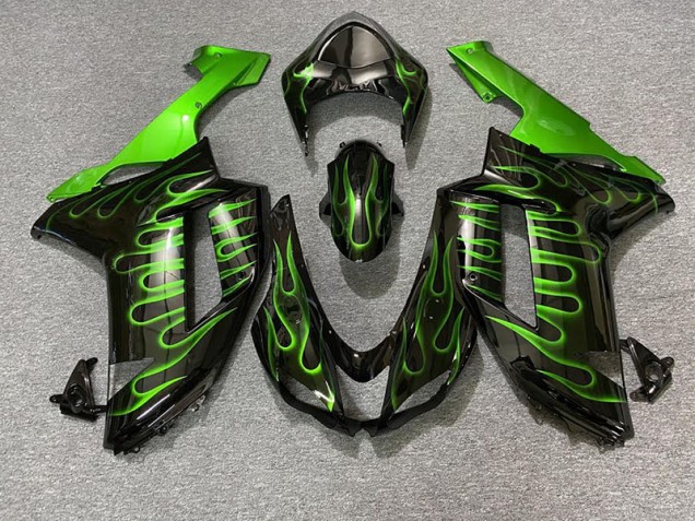 2007-2008 Gloss Black & Green Flame Kawasaki ZX6R Fairings for Sale 2007-2008 Gloss Black & Green Flame Kawasaki ZX6R Fairings for Sale