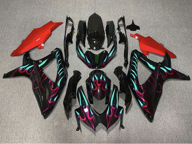 2008-2010 Red and Cyan Flame Suzuki GSXR 600-750 Fairings for Sale 2008-2010 Red and Cyan Flame Suzuki GSXR 600-750 Fairings for Sale