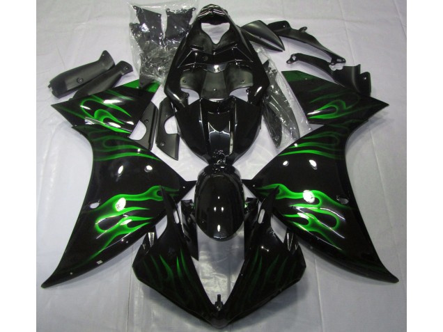 2009-2012 Black & Green Flame Yamaha R1 Fairings for Sale 2009-2012 Black & Green Flame Yamaha R1 Fairings for Sale